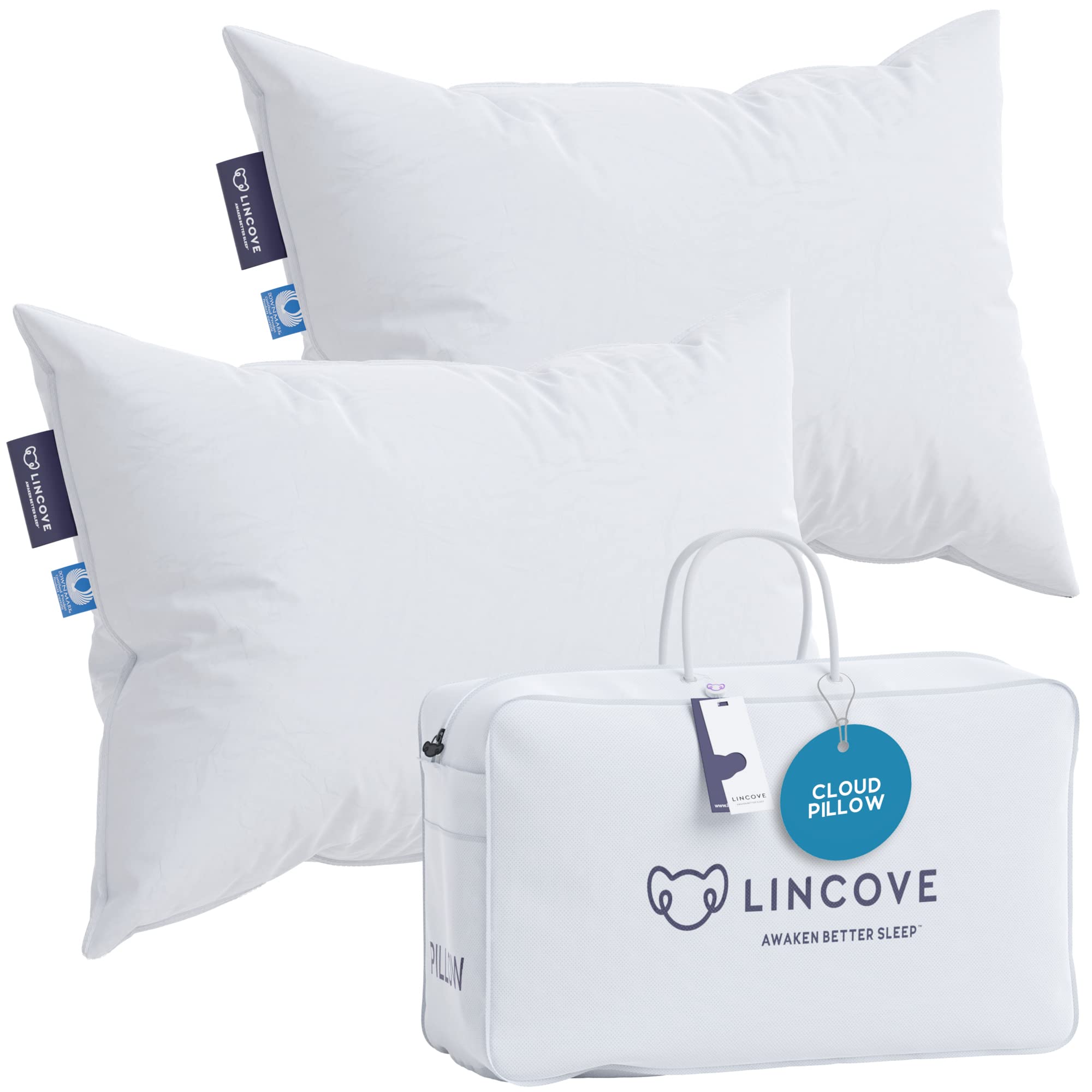 Lincove 100% Cloud Natural Canadian White Down Luxury Sleeping Pillow - 625 Fill Power, 500 Thread Count Cotton Shell, Made In C